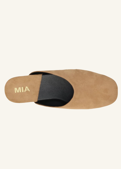 Top view of MIA Ziva tan slip-on slides with a closed round toe and contrasting black lining.