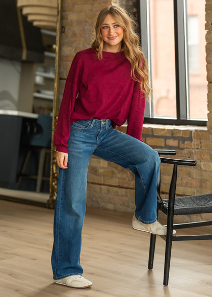 Maroon cotton modal slub top paired with wide leg jeans for an easy everyday outfit.