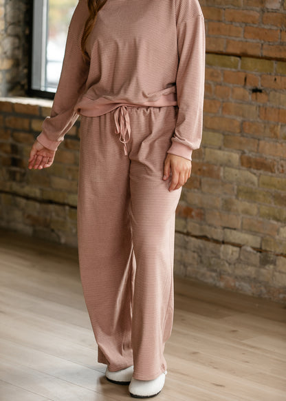 Mauve olive striped drawstring pants with a flowing wide-leg silhouette and ankle-length hem.