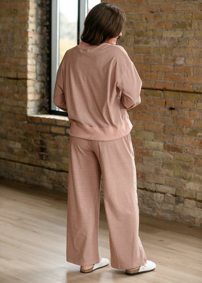 Mauve olive striped mock neck top styled with matching wide leg drawstring pants.
