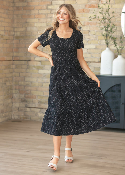 Melanie Black Floral Tiered Midi Dress