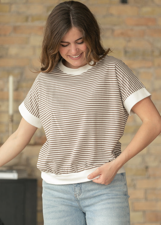 Mocha Stripe Contrast Trim Top FF Tops