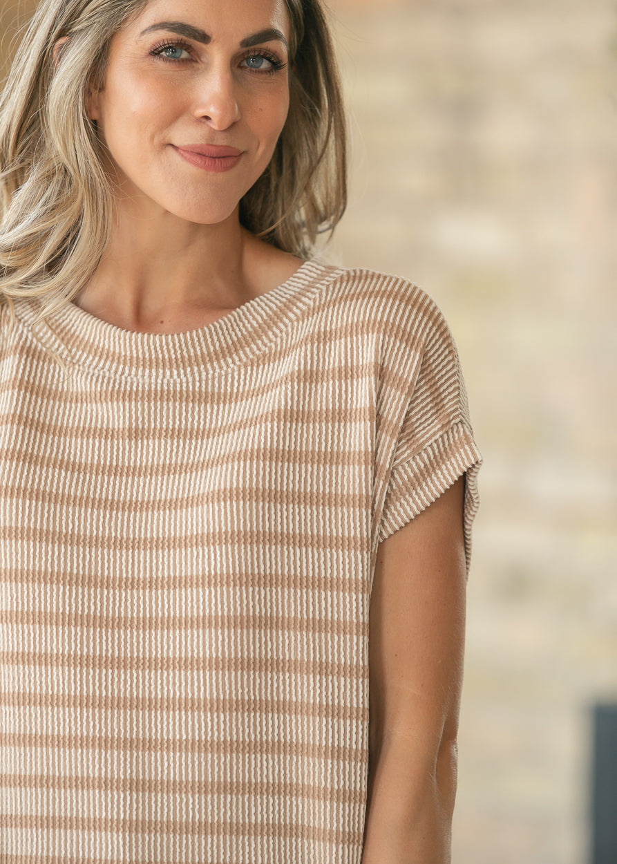 Mocha Striped Rib Knit Dolman Top