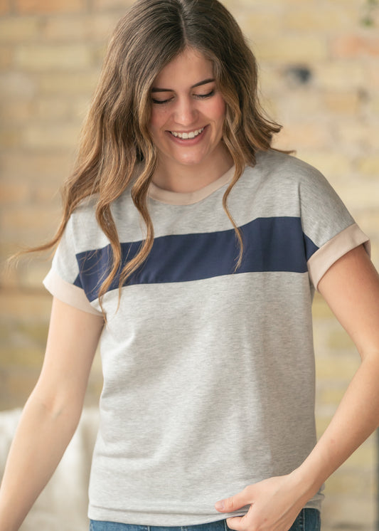 Navy Contrast Short Sleeve Top FF Tops