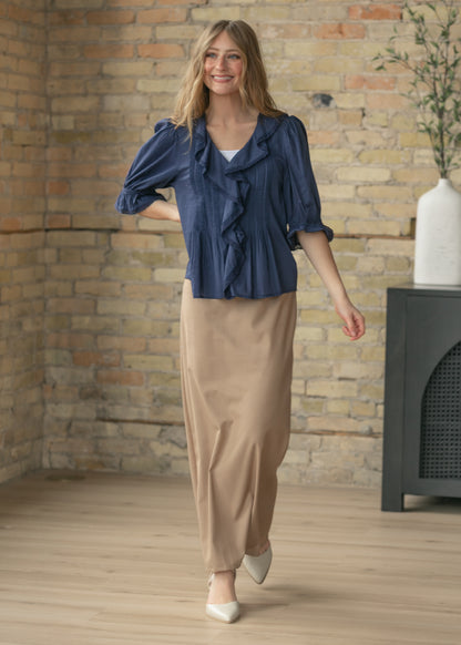 Navy Flowy V-Neck Half Sleeve Top