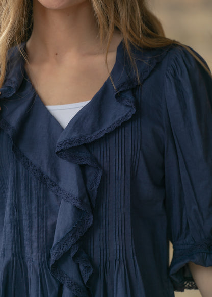 Navy Flowy V-Neck Half Sleeve Top