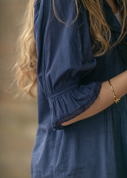 Navy Flowy V-Neck Half Sleeve Top