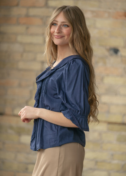Navy Flowy V-Neck Half Sleeve Top