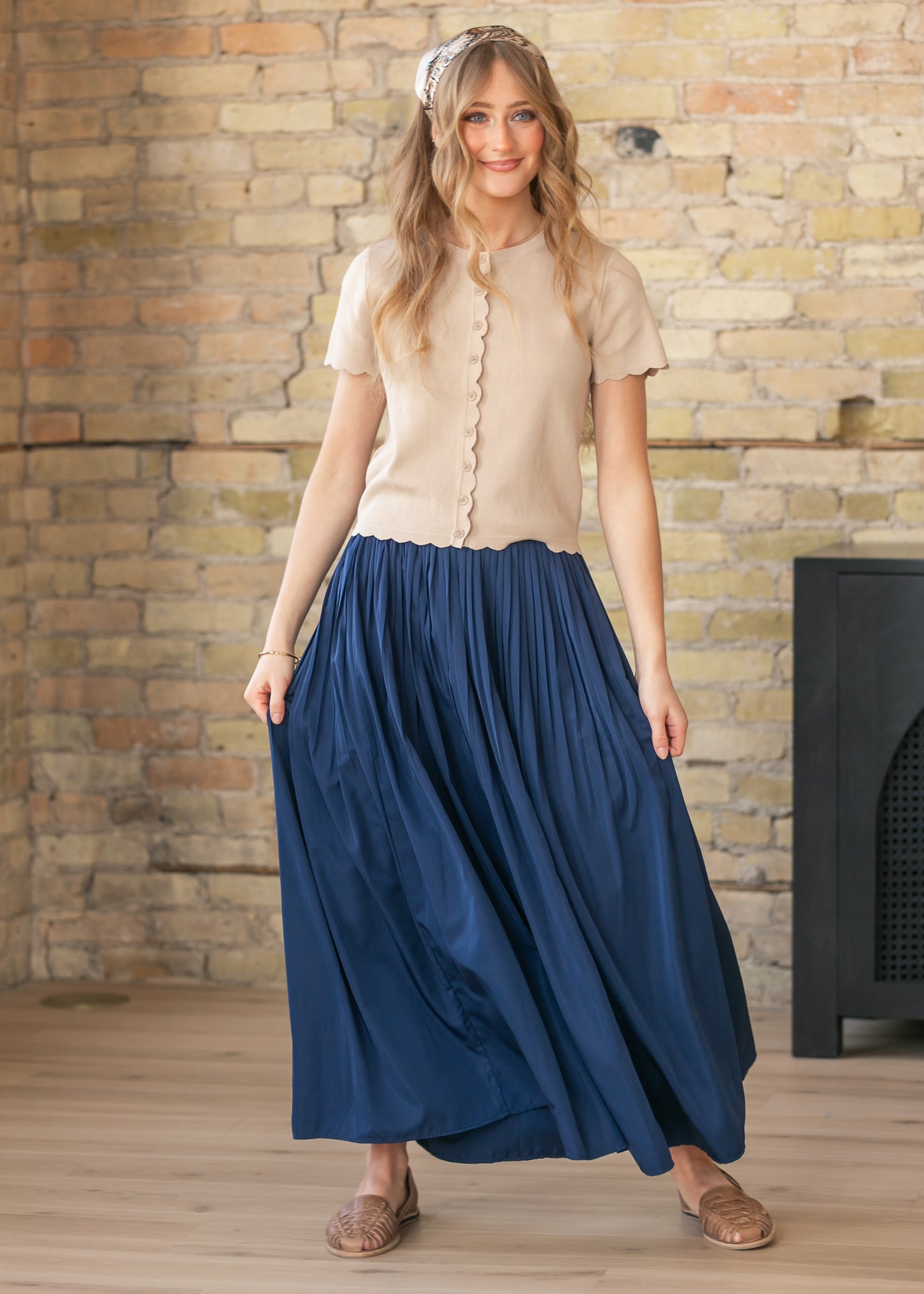 Navy Pleated A-Line Maxi Skirt