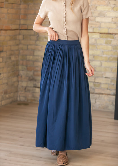 Navy Pleated A-Line Maxi Skirt