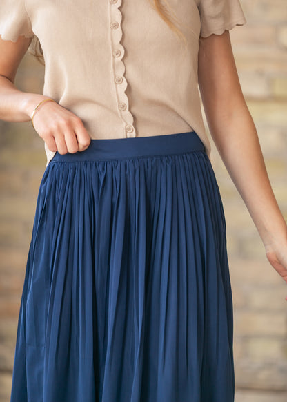 Navy Pleated A-Line Maxi Skirt
