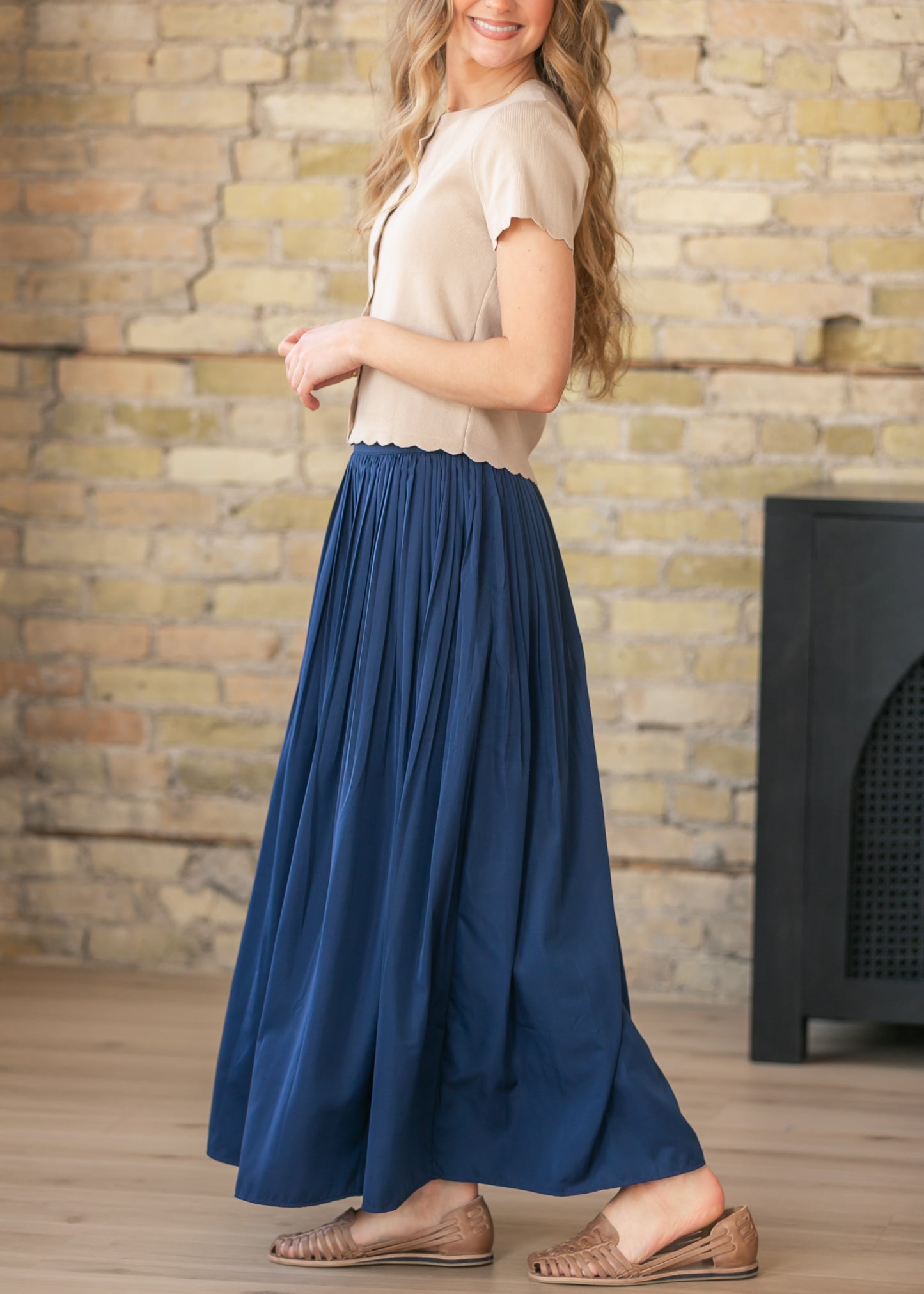 Navy Pleated A-Line Maxi Skirt