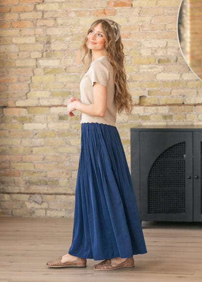 Navy Pleated A-Line Maxi Skirt
