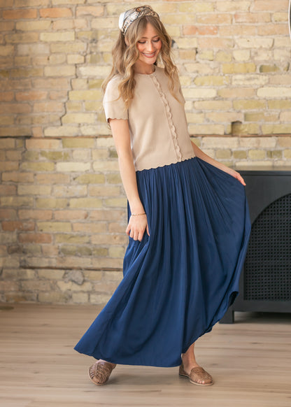 Navy Pleated A-Line Maxi Skirt
