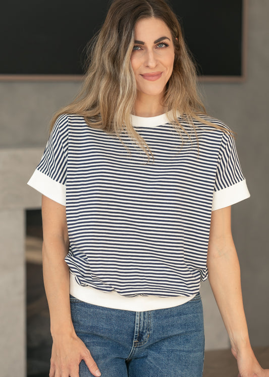 Navy Stripe Contrast Trim Top