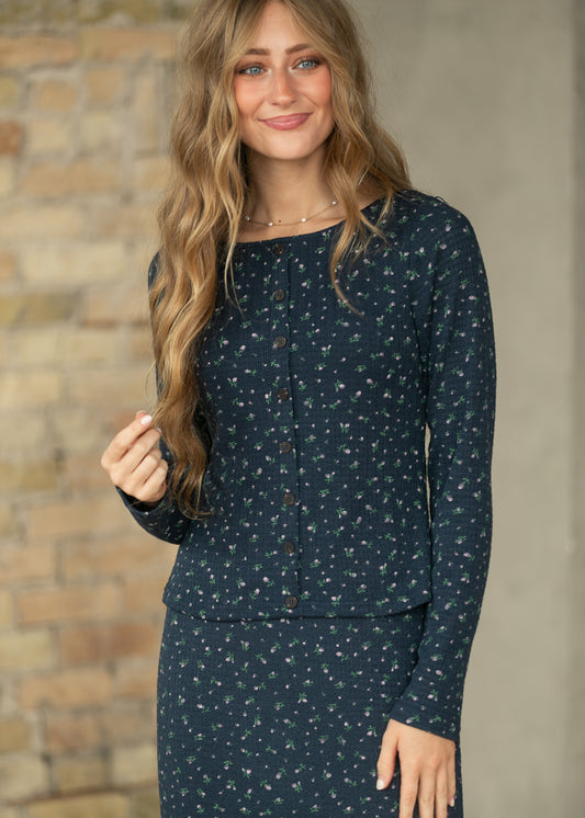 Navy Ditsy Floral Long Sleeve Top