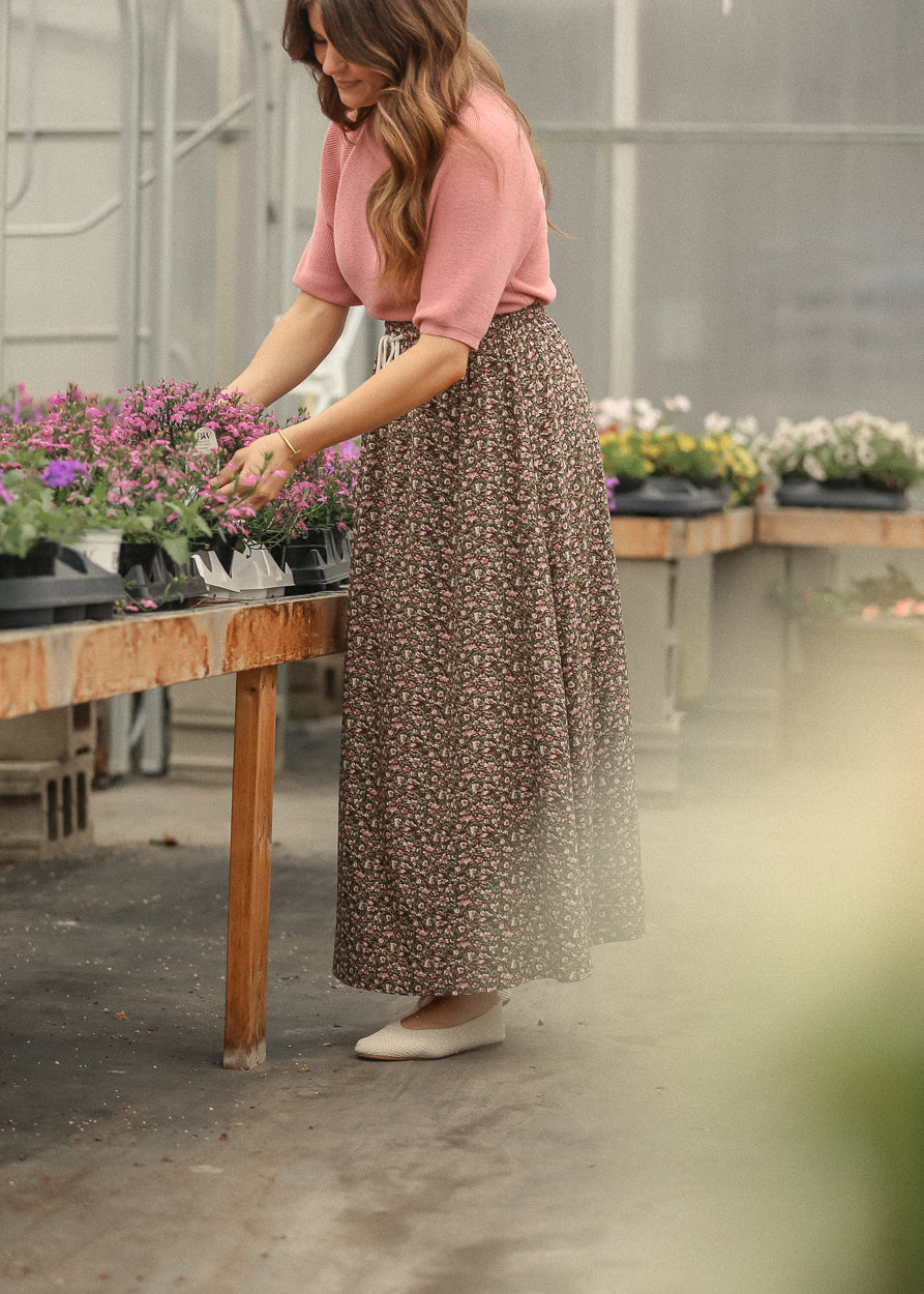 Floral maxi skirt styled for everyday wear
