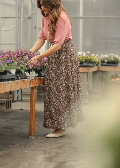 Floral maxi skirt styled for everyday wear