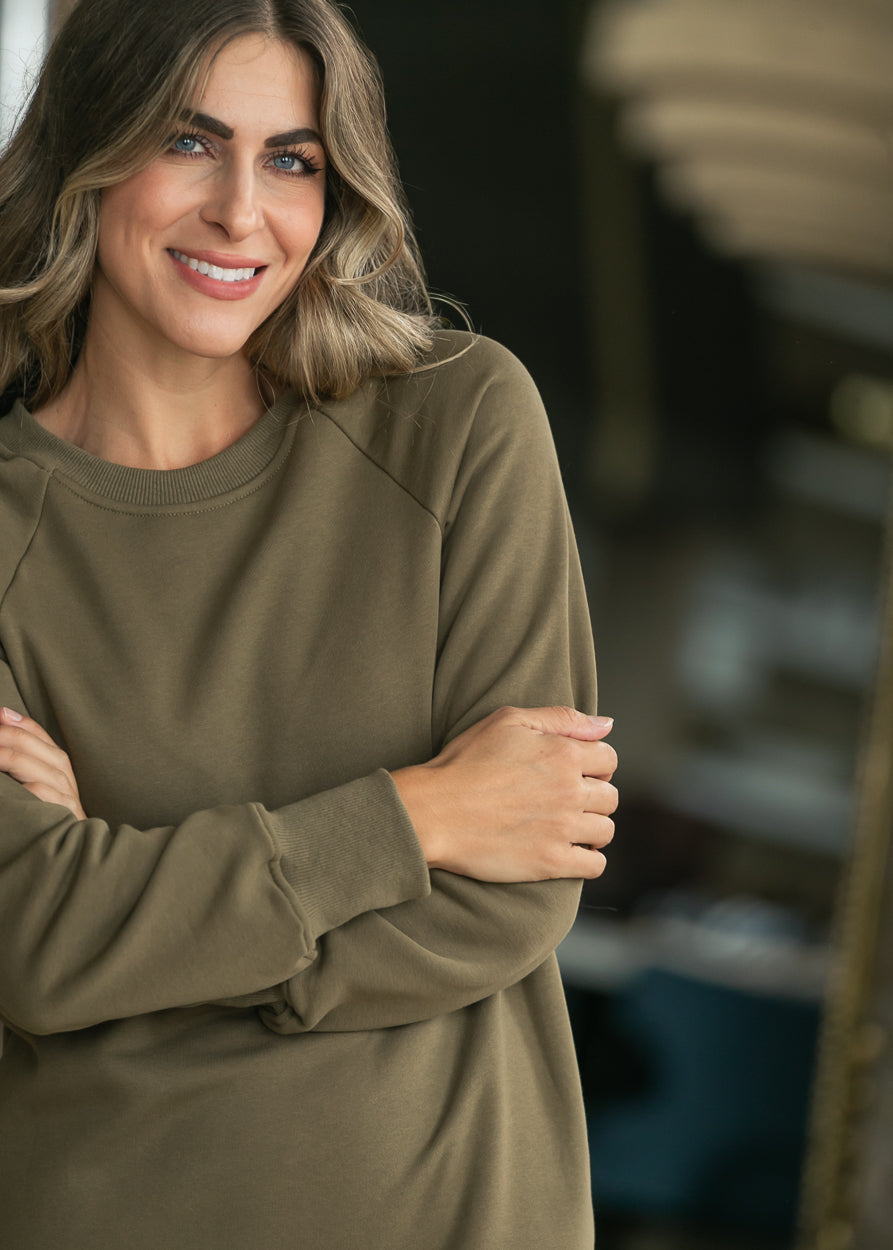 Nova Olive Crewneck Sweatshirt Dress