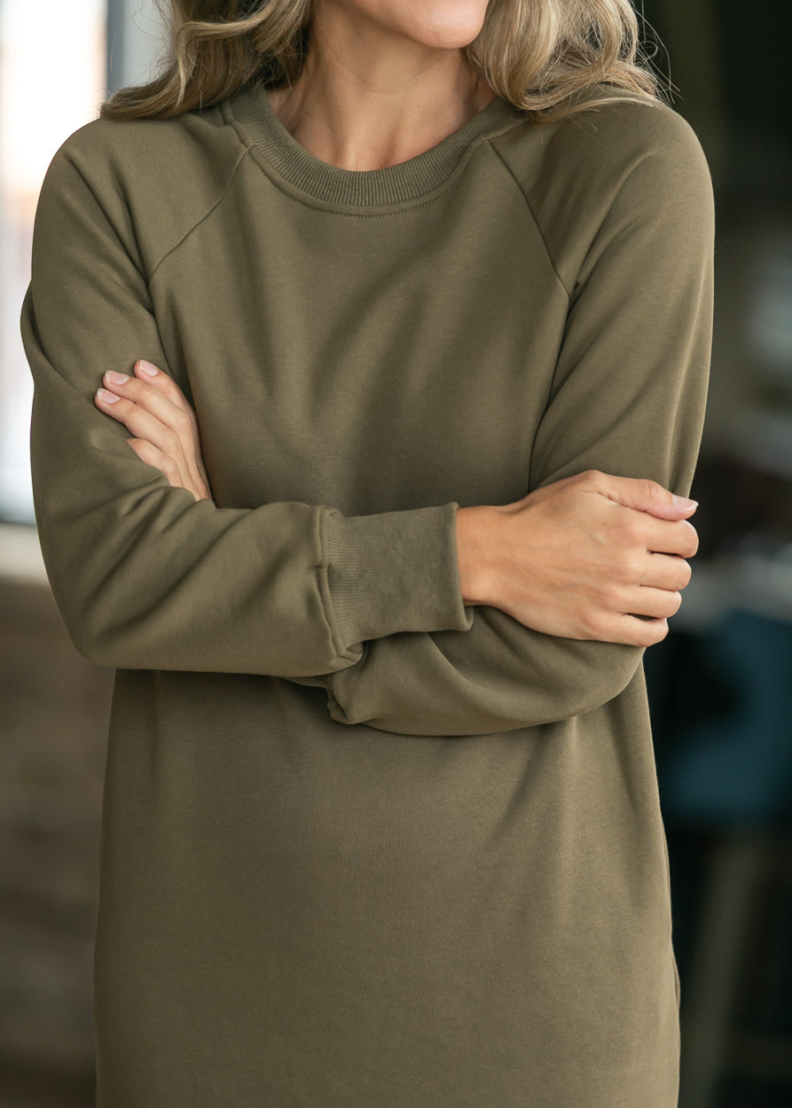 Nova Olive Crewneck Sweatshirt Dress