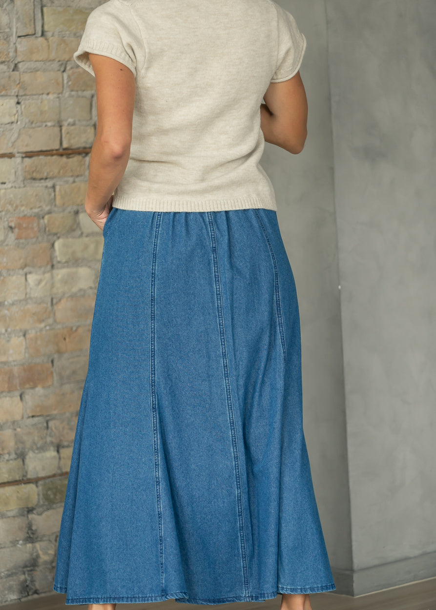 Medium wash denim maxi skirt with paneled seams and flared hem, shown from the back.
