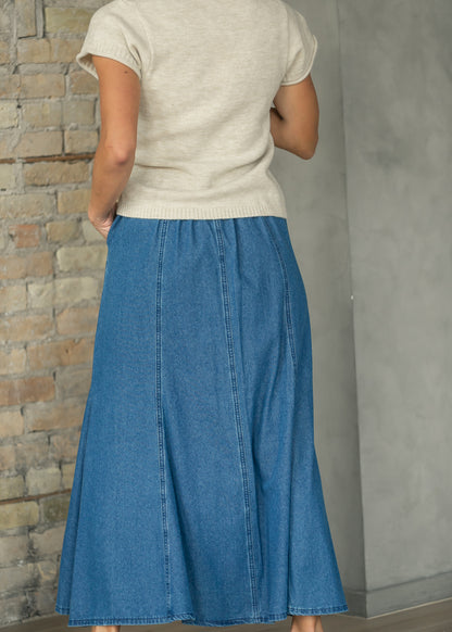 Medium wash denim maxi skirt with paneled seams and flared hem, shown from the back.