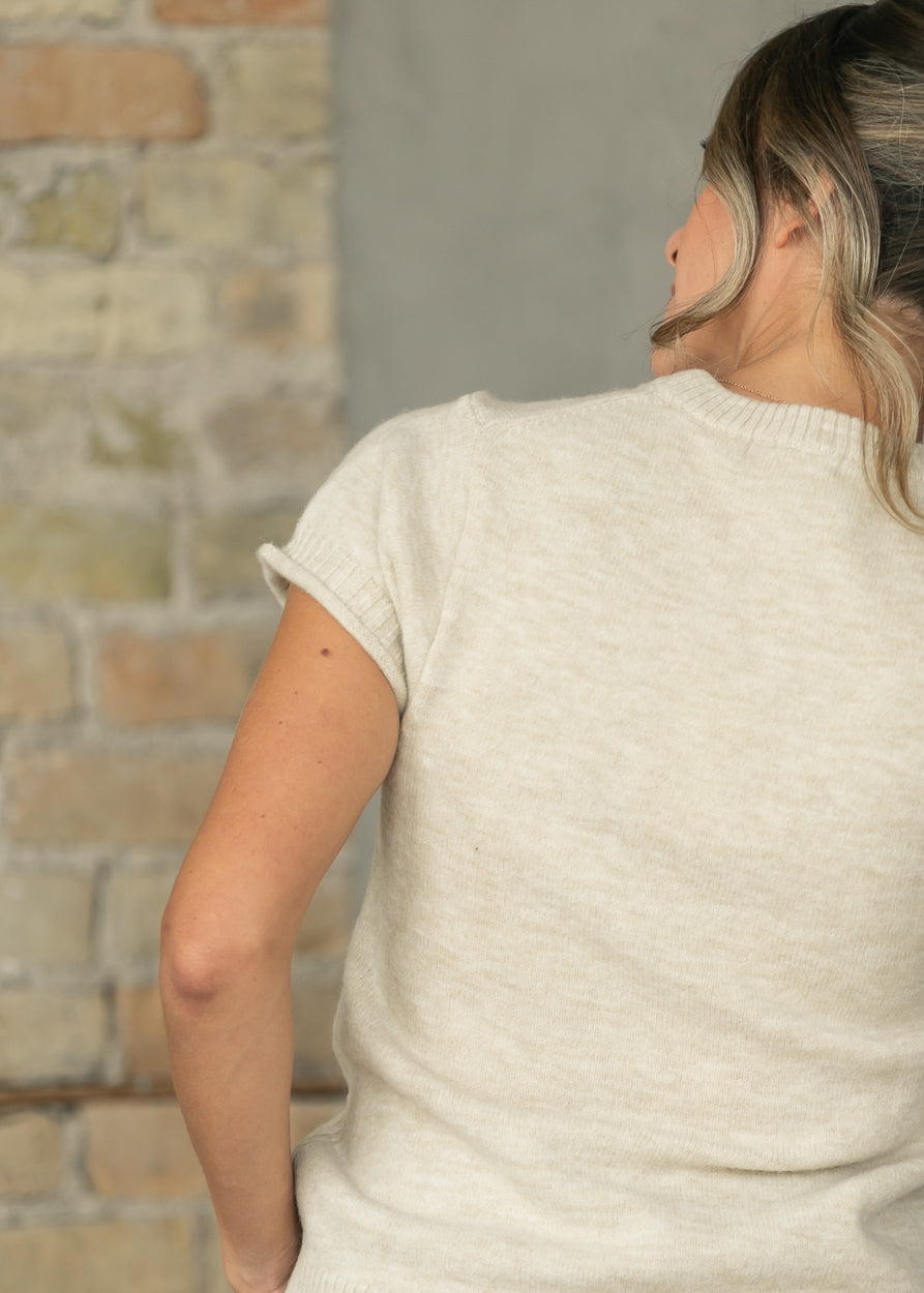 Close-up back view of Stone sweater T-shirt showing the crew neckline and rolled sleeve.