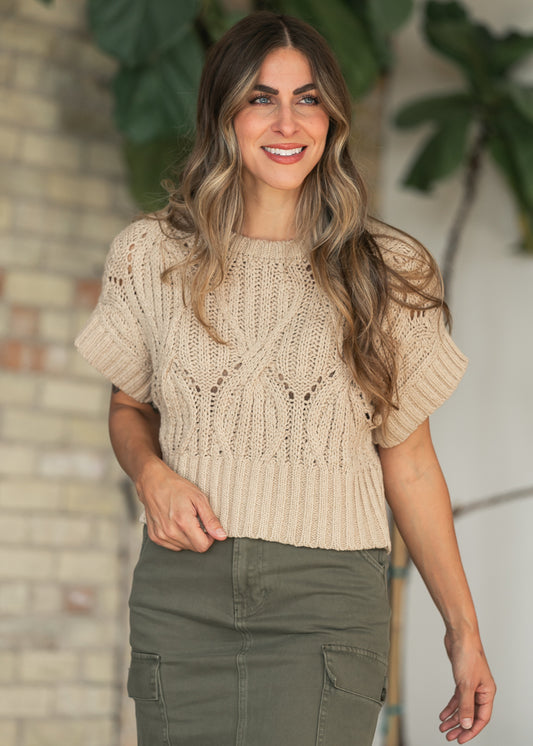 Taupe Crochet Round Neck Dolman Sleeve Top