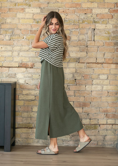 Olive Layered Short Sleeve Maxi Dress