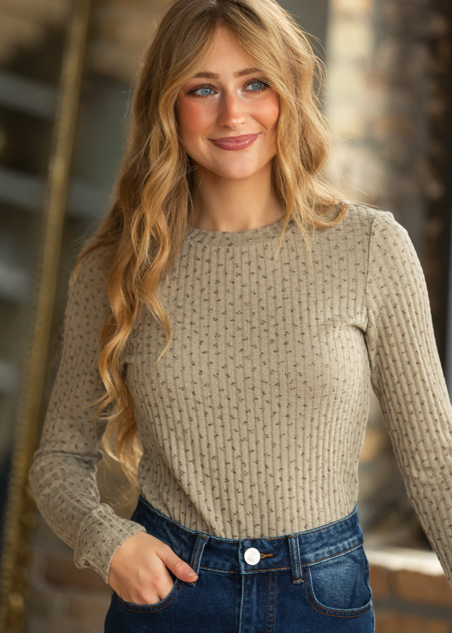 Olive long sleeve rib knit top with delicate allover printed detail