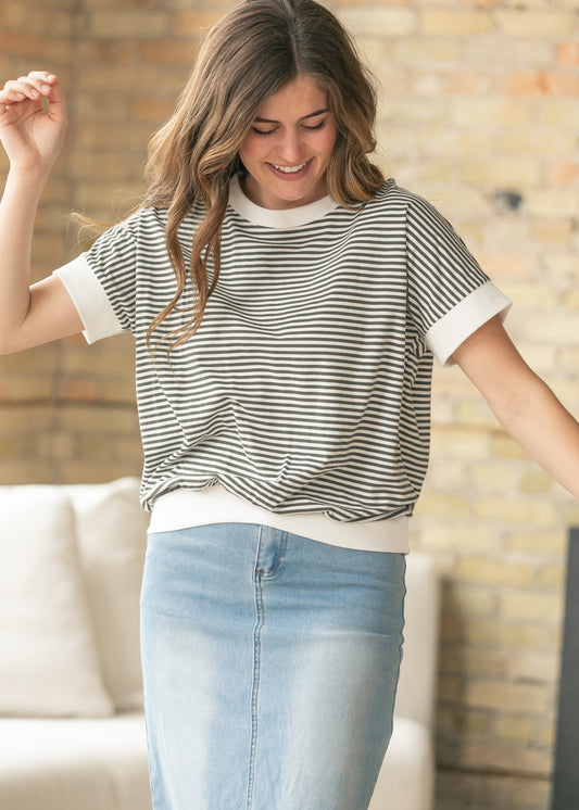 Olive Stripe Contrast Trim Top FF Tops
