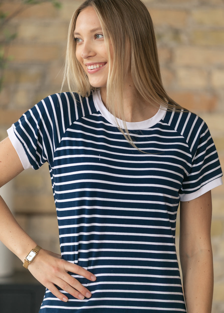 Navy striped casual midi dress with contrast neckline