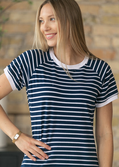 Navy striped casual midi dress with contrast neckline