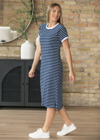 Navy striped casual midi dress with contrast neckline