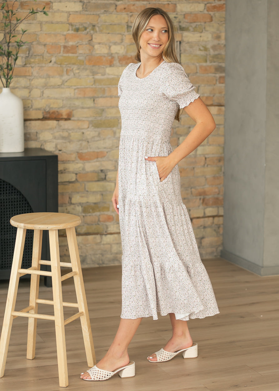 Penelope Blush Floral Smocked Midi Dress