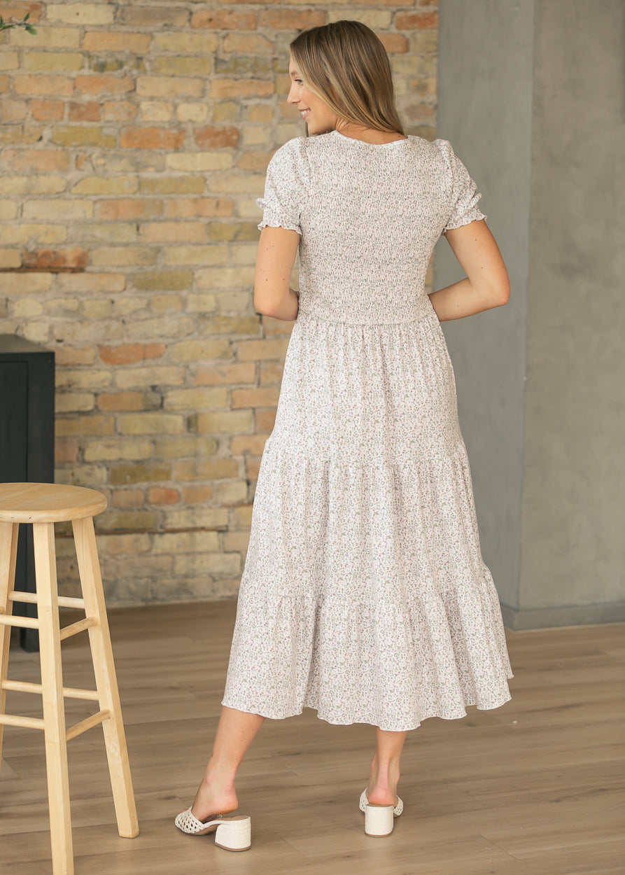 Penelope Blush Floral Smocked Midi Dress