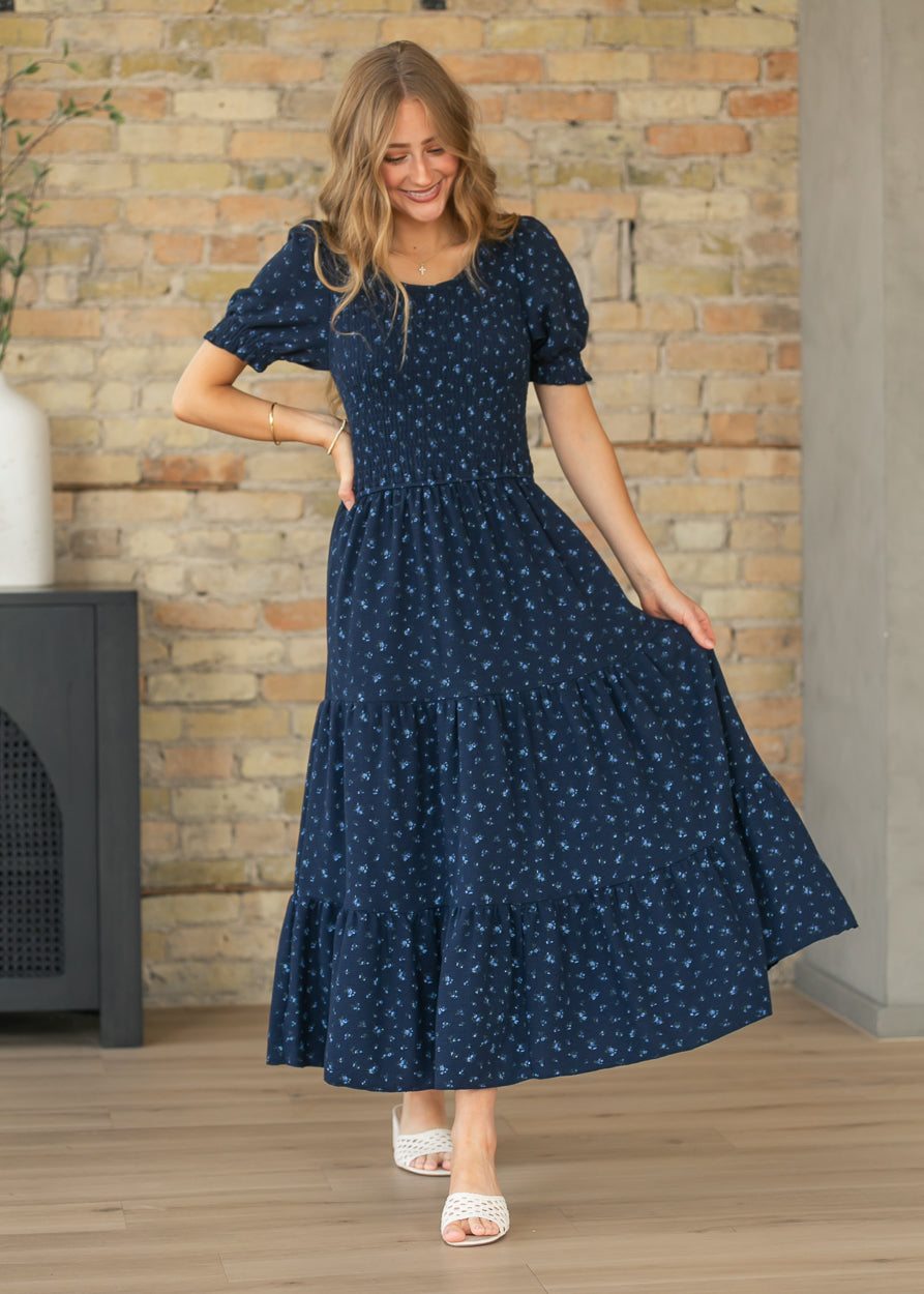 Penelope Navy Floral Smocked Midi Dress