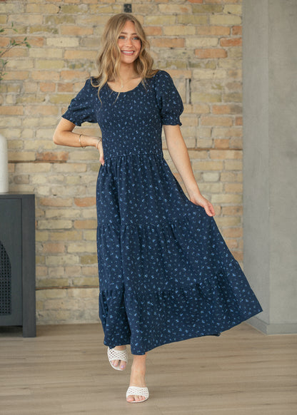 Penelope Navy Floral Smocked Midi Dress