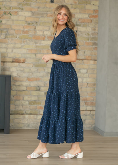 Penelope Navy Floral Smocked Midi Dress