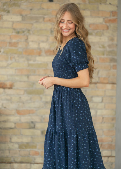 Penelope Navy Floral Smocked Midi Dress