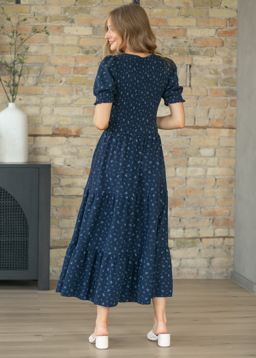 Penelope Navy Floral Smocked Midi Dress