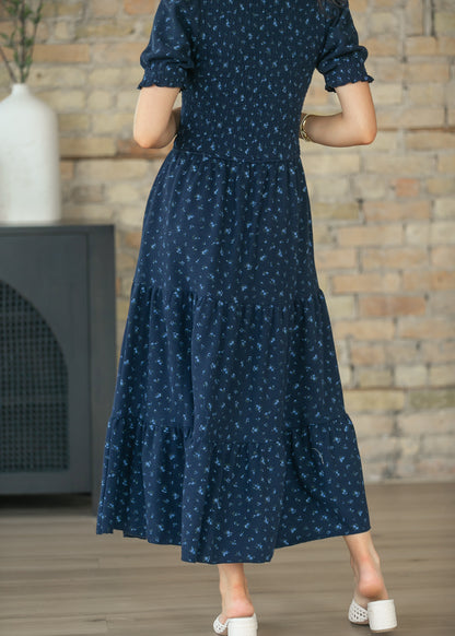 Penelope Navy Floral Smocked Midi Dress