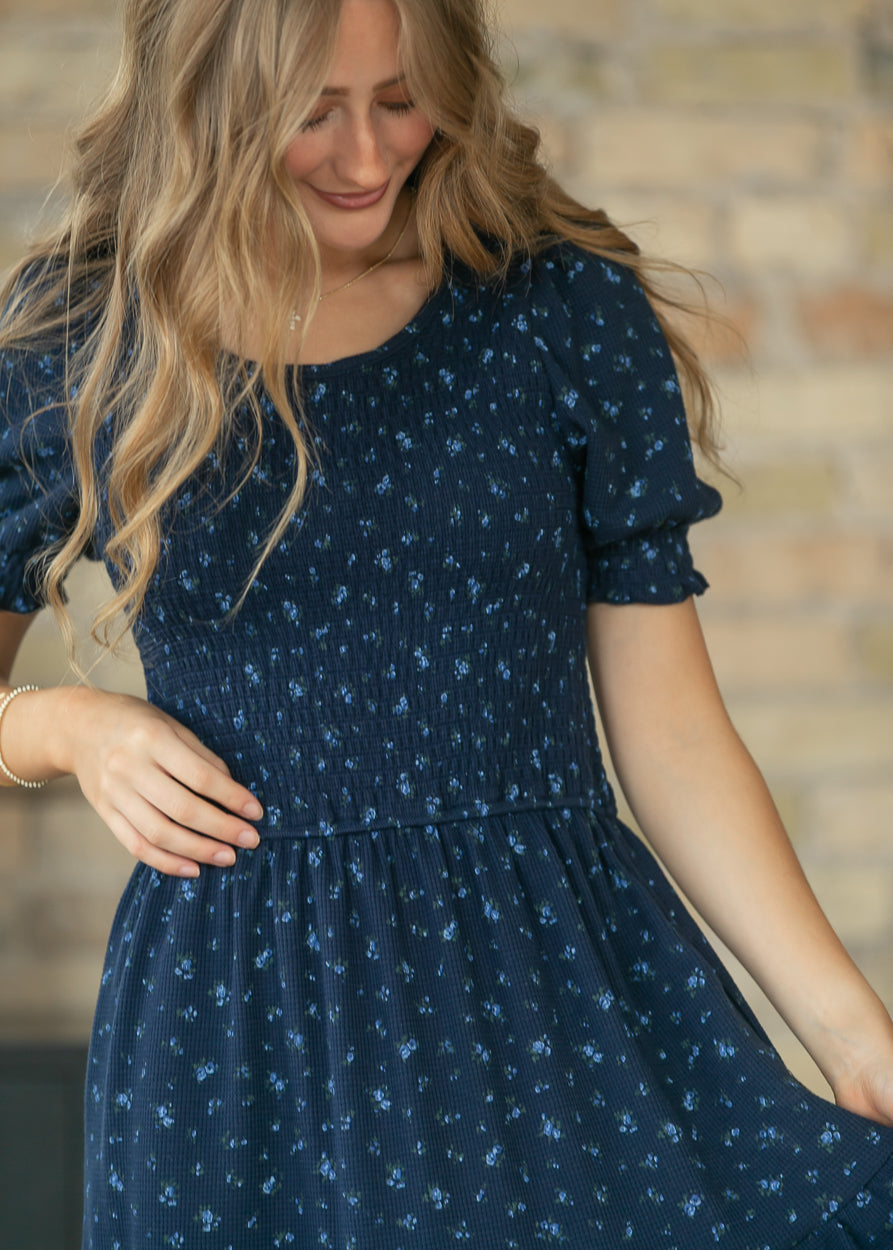 Penelope Navy Floral Smocked Midi Dress