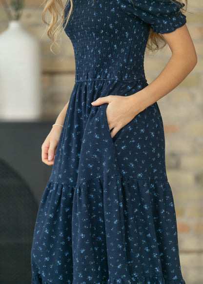 Penelope Navy Floral Smocked Midi Dress