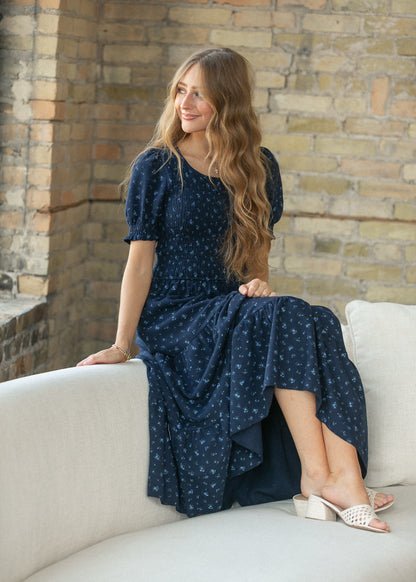 Penelope Navy Floral Smocked Midi Dress