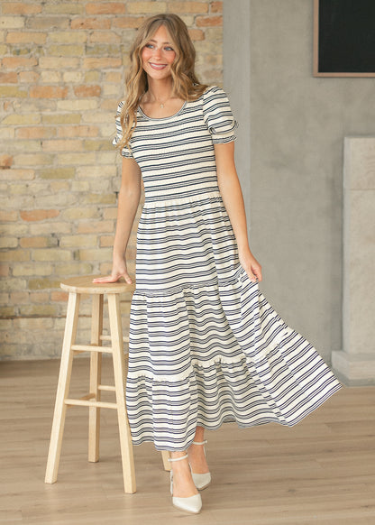 Penelope Navy Stripe Smocked Midi Dress