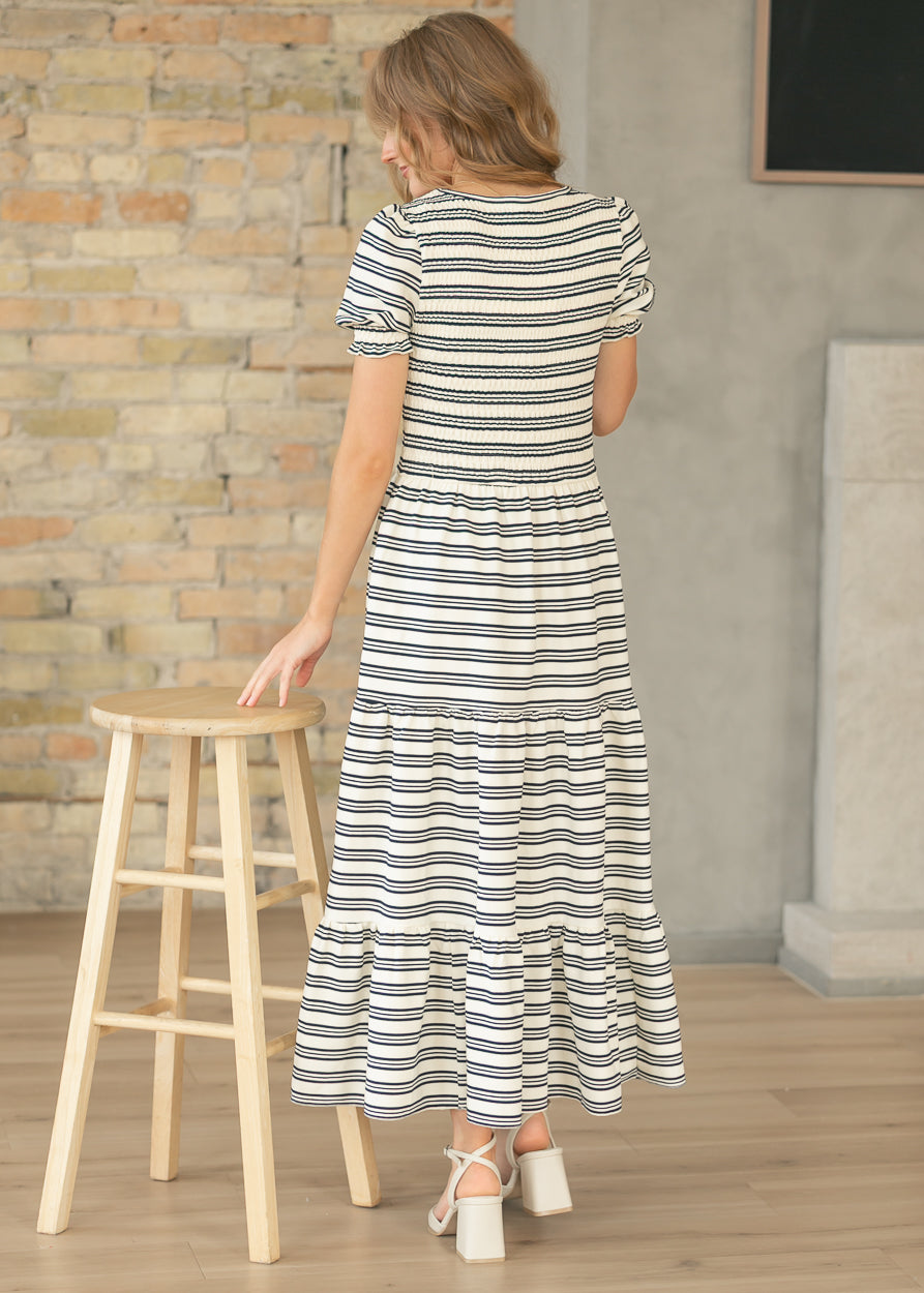Penelope Navy Stripe Smocked Midi Dress