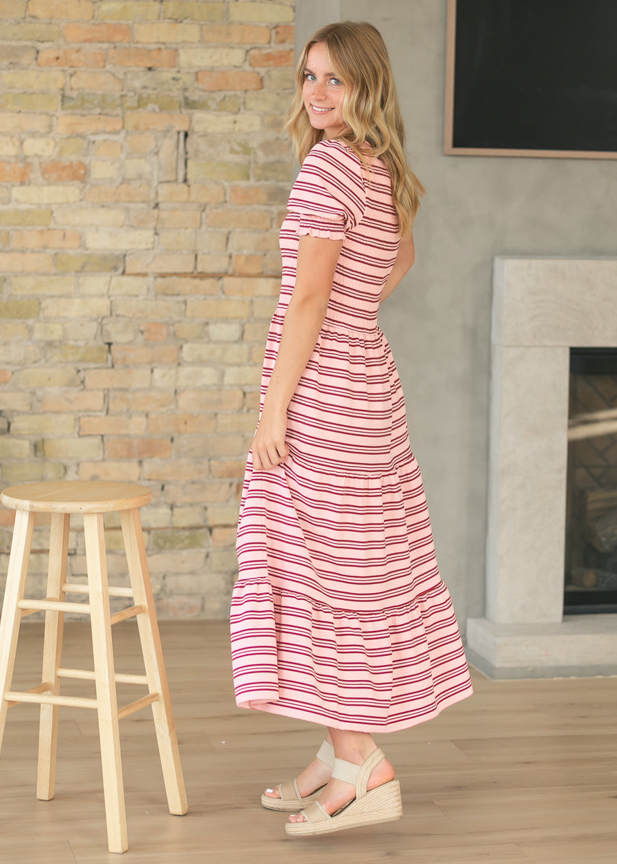 Penelope Pink Stripe Smocked Midi Dress