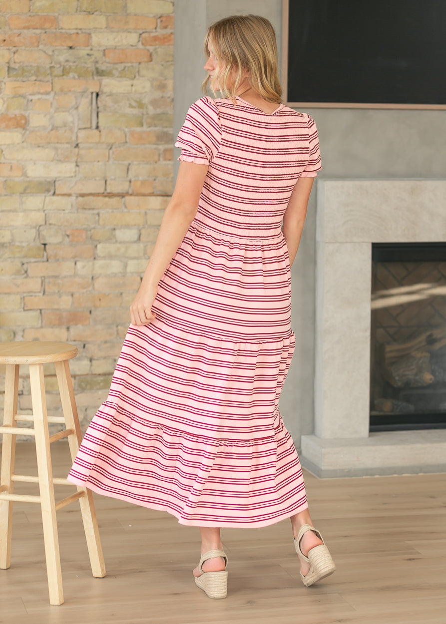 Penelope Pink Stripe Smocked Midi Dress