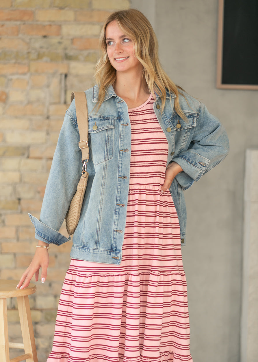 Penelope Pink Stripe Smocked Midi Dress